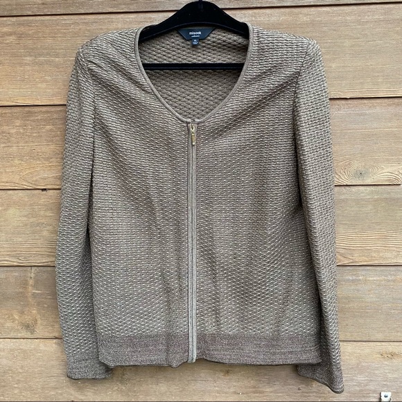 Misook Metallic Taupe V-neck Zippered Lightweight Jacket - Picture 1 of 10